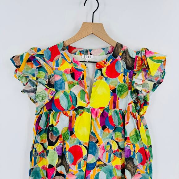TCEC Vibrant Abstract A-Line Cotton Dress Colorful Tiered Mini Ruffle Size L - Picture 4 of 9